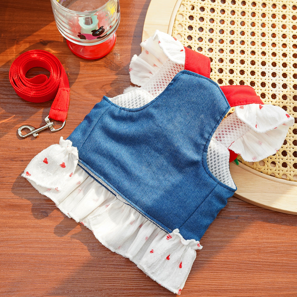 Strawberry Denim Princess Pet Dress & Harness Set