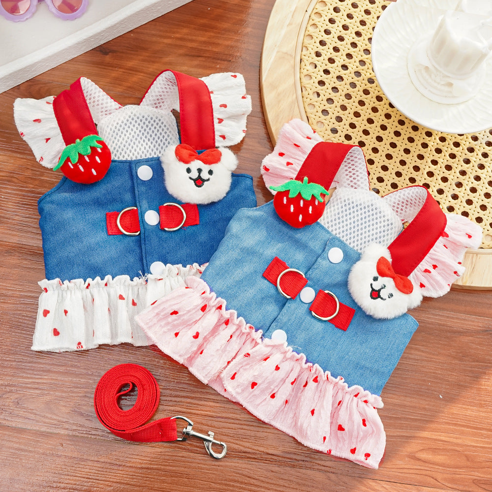 Strawberry Denim Princess Pet Dress & Harness Set