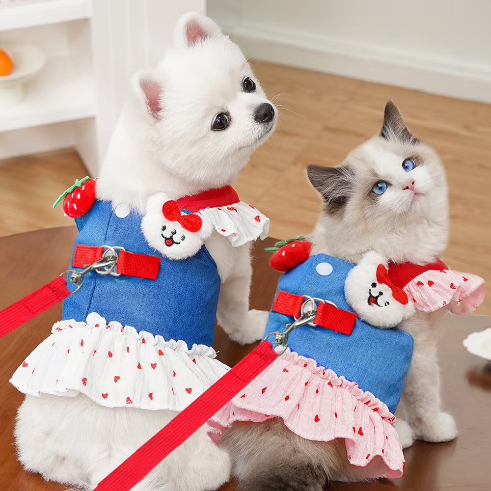 Strawberry Denim Princess Pet Dress & Harness Set