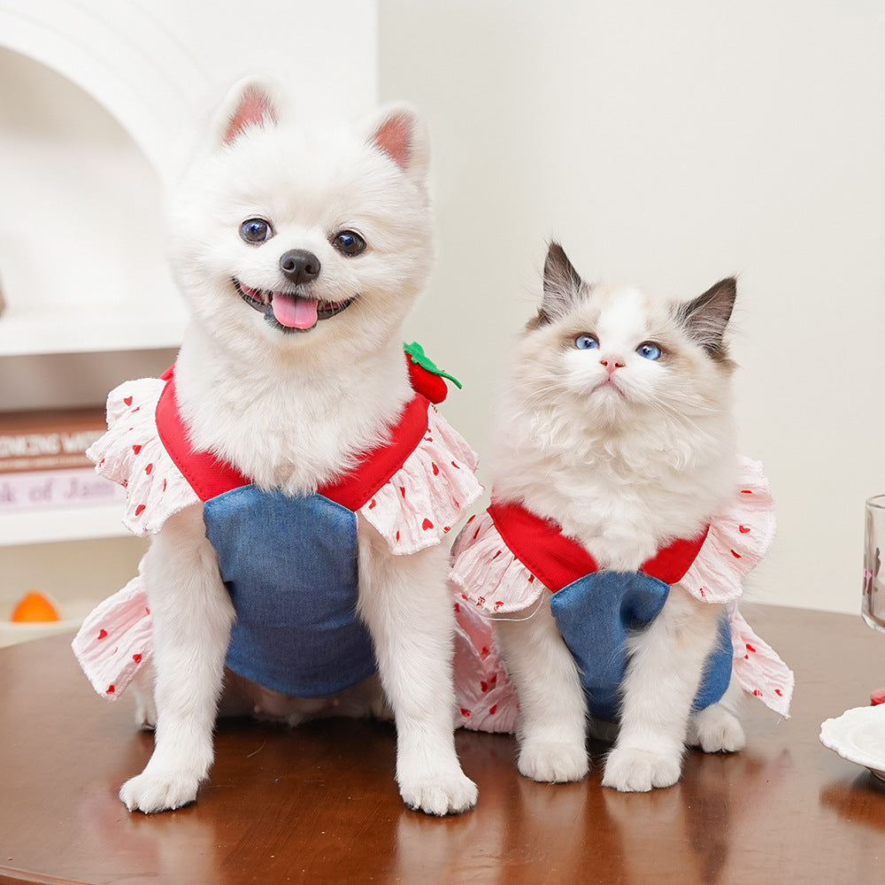 Strawberry Denim Princess Pet Dress & Harness Set