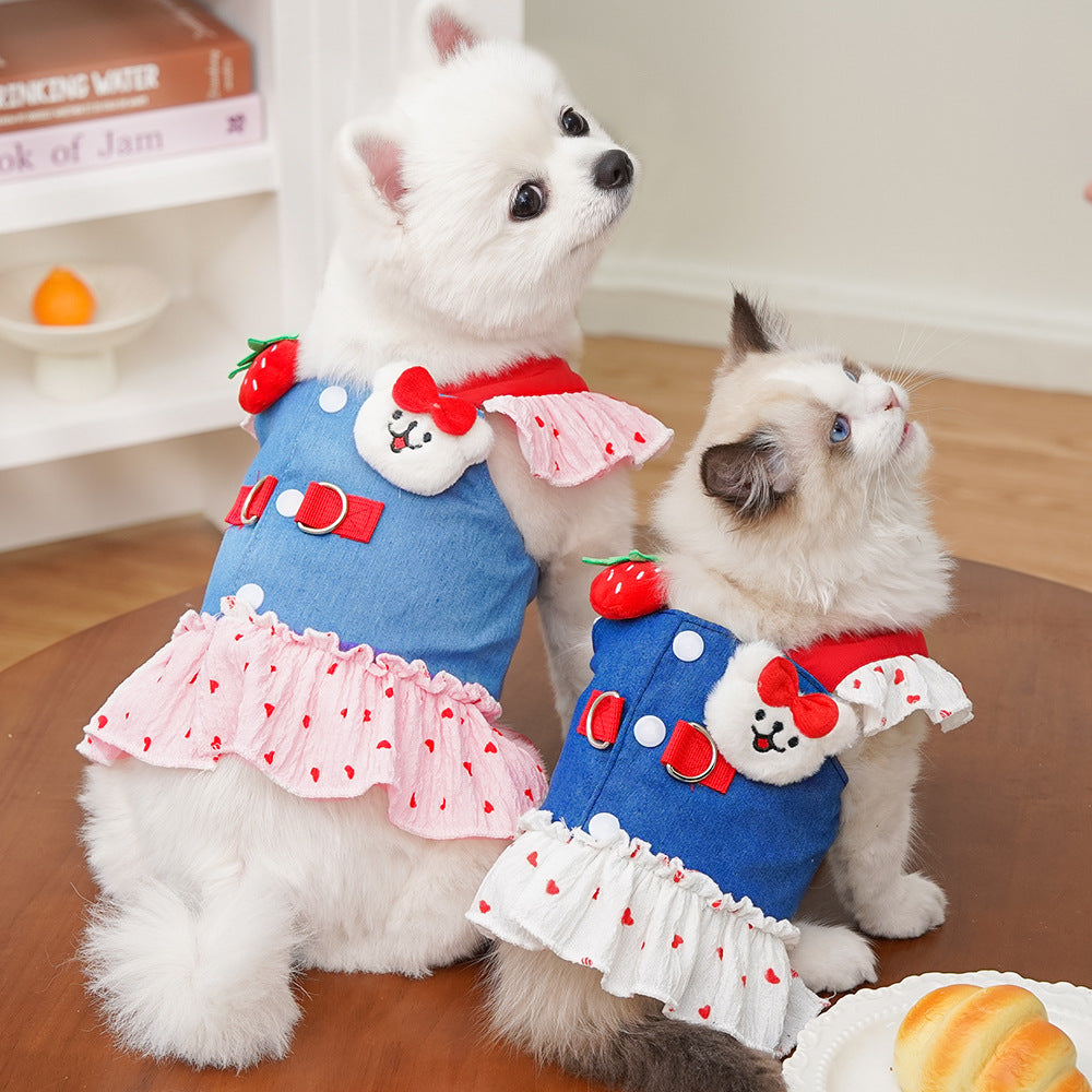 Strawberry Denim Princess Pet Dress & Harness Set