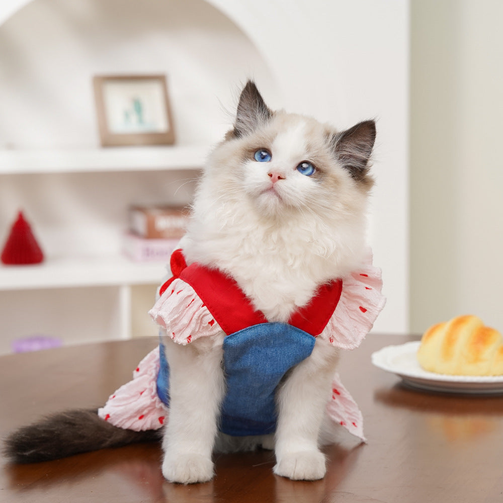 Strawberry Denim Princess Pet Dress & Harness Set